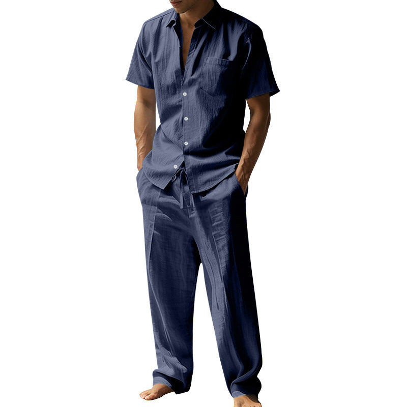 Men's resort-appropriate short-sleeve shirt with chest pocket and casual linen drawstring pants