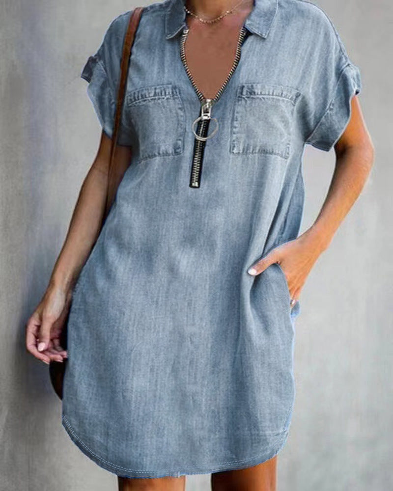 Women's Chambray Dress with Zipper and Pockets