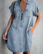 Women's Chambray Dress with Zipper and Pockets