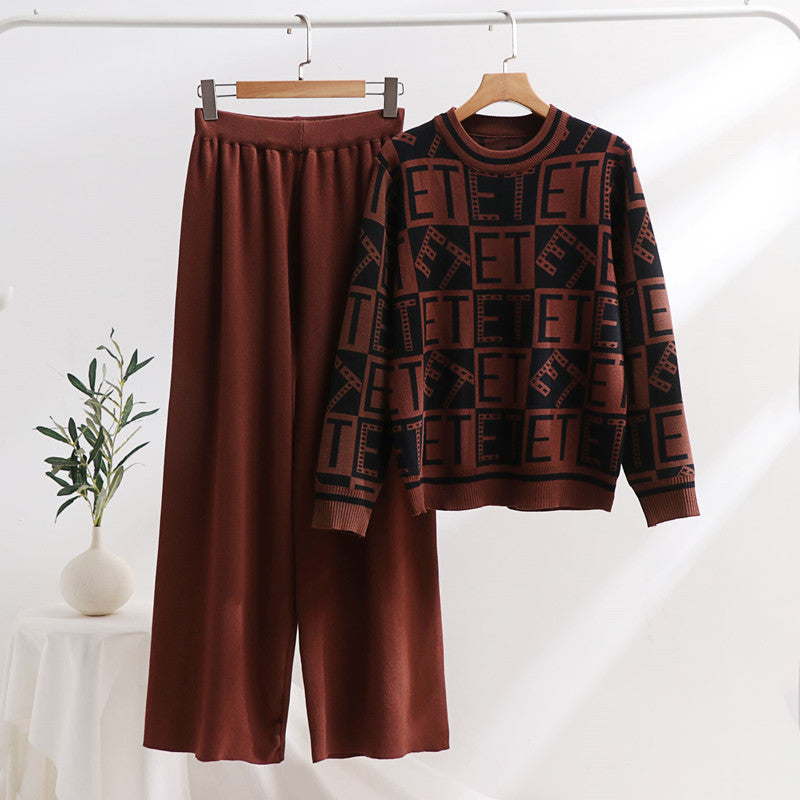 Women's Casual Knit Loungewear Set with Graphic Pattern and Wide Cut
