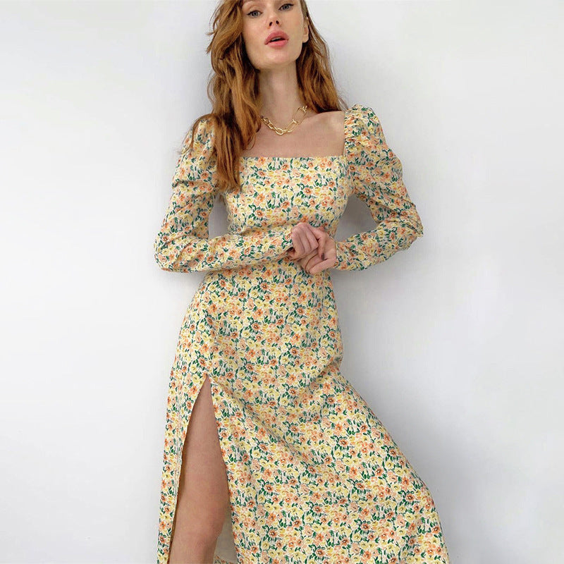 Women's Floral Maxi Dress with Asymmetric Slit and Puff Sleeves