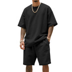 Men's relaxed jersey set with extended round neck t-shirt and elastic drawstring shorts