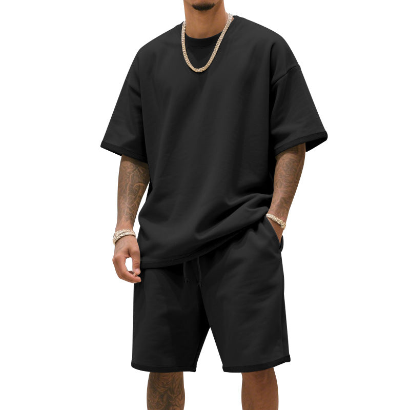 Men's relaxed jersey set with extended round neck t-shirt and elastic drawstring shorts