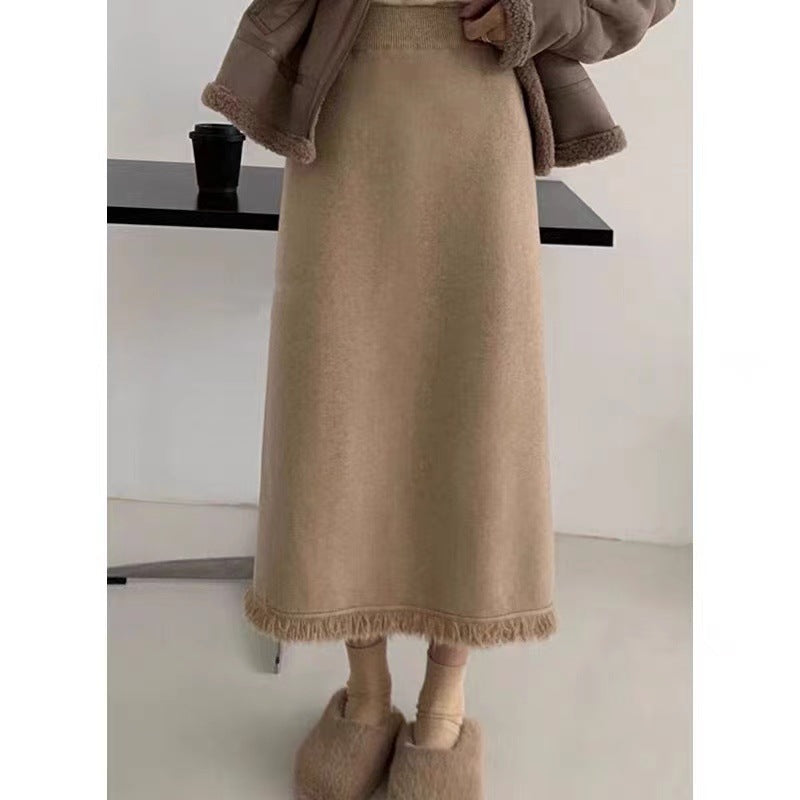 Women's Fashionable Midi Skirt with Fringed Hem