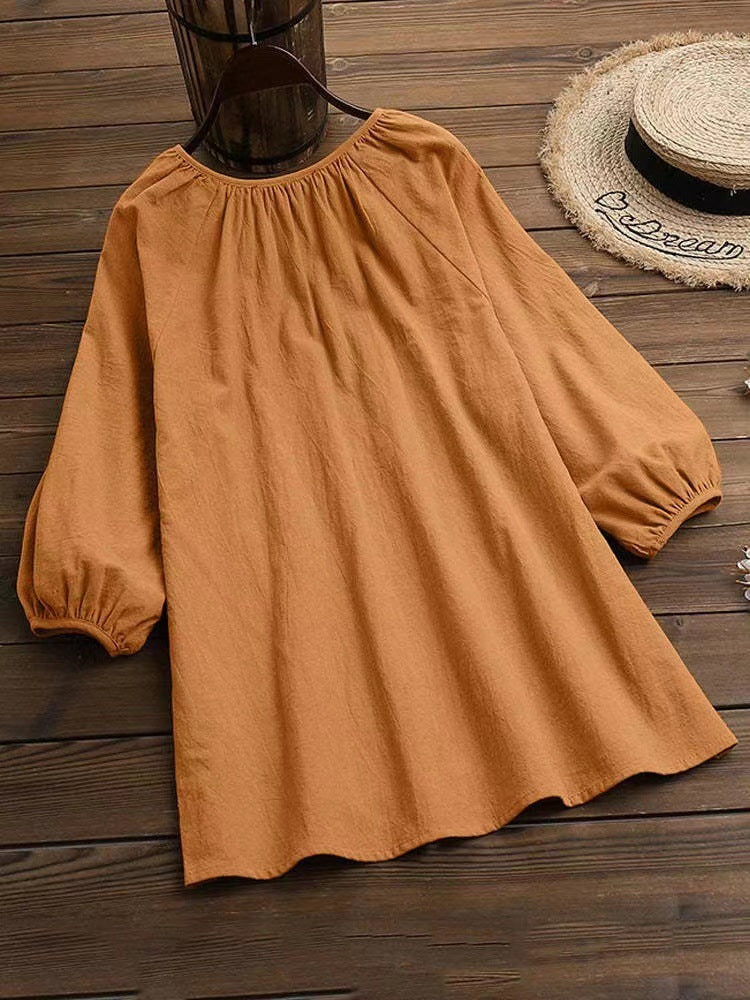 Women's Blouse with Elegant Round Neck and Puff Sleeves