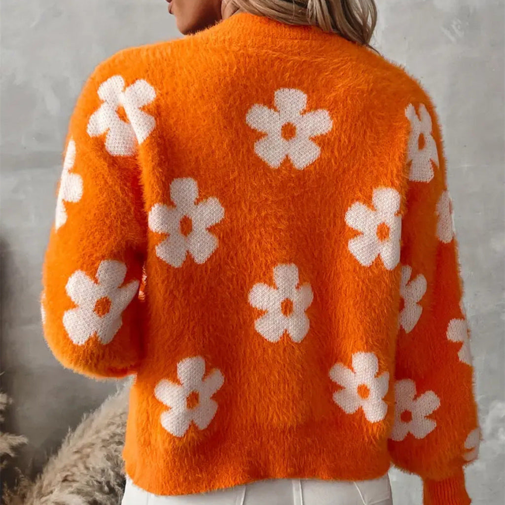 Women's Fluffy Cardigan with Floral Pattern