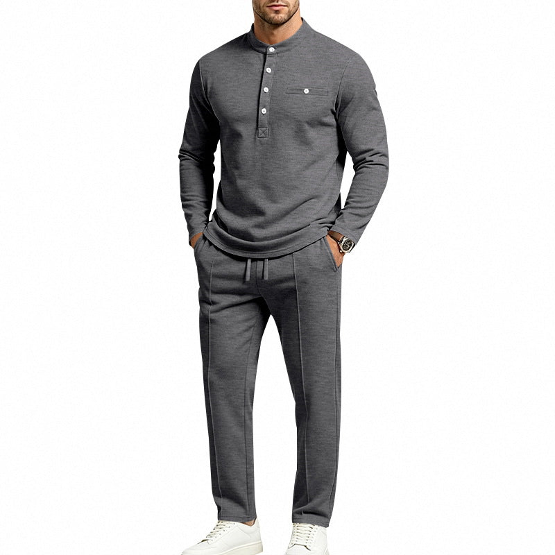 Men's Two-Piece Leisure Set with Henley Long Sleeve Shirt and Jogging Pants