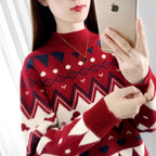 Women's Festive Knit Sweater in Modern Holiday Design with Geometric Pattern