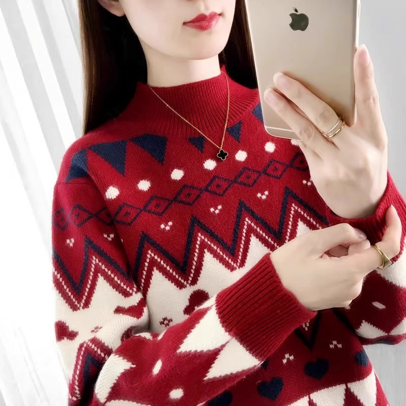 Women's Festive Knit Sweater in Modern Holiday Design with Geometric Pattern