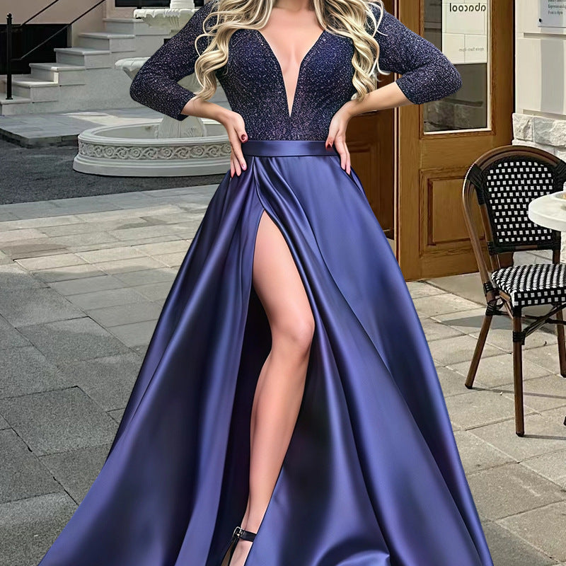 Elegant Evening Dress with Deep V-Neck and Side Slit