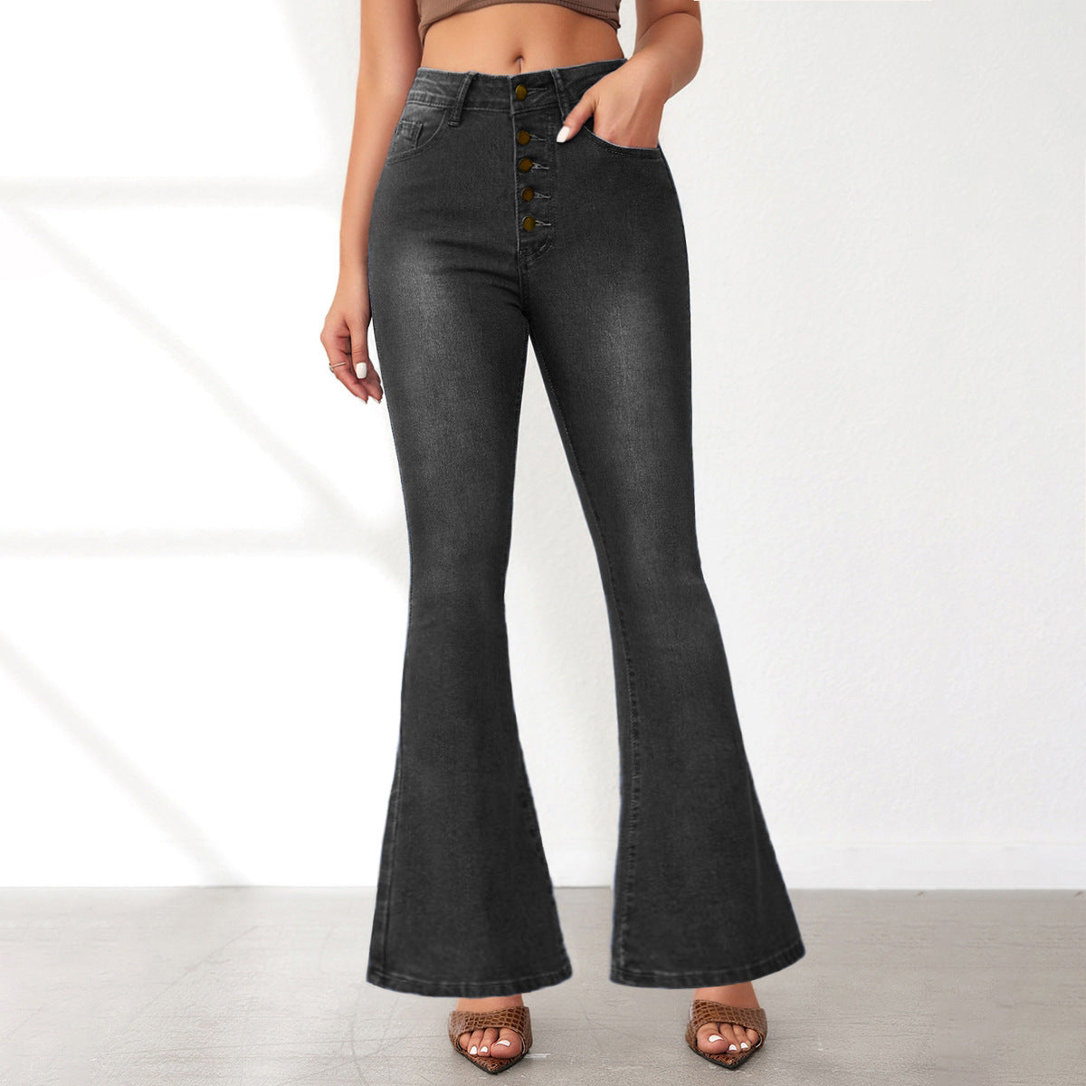Women's Flared Jeans with High Waist and Button Detail