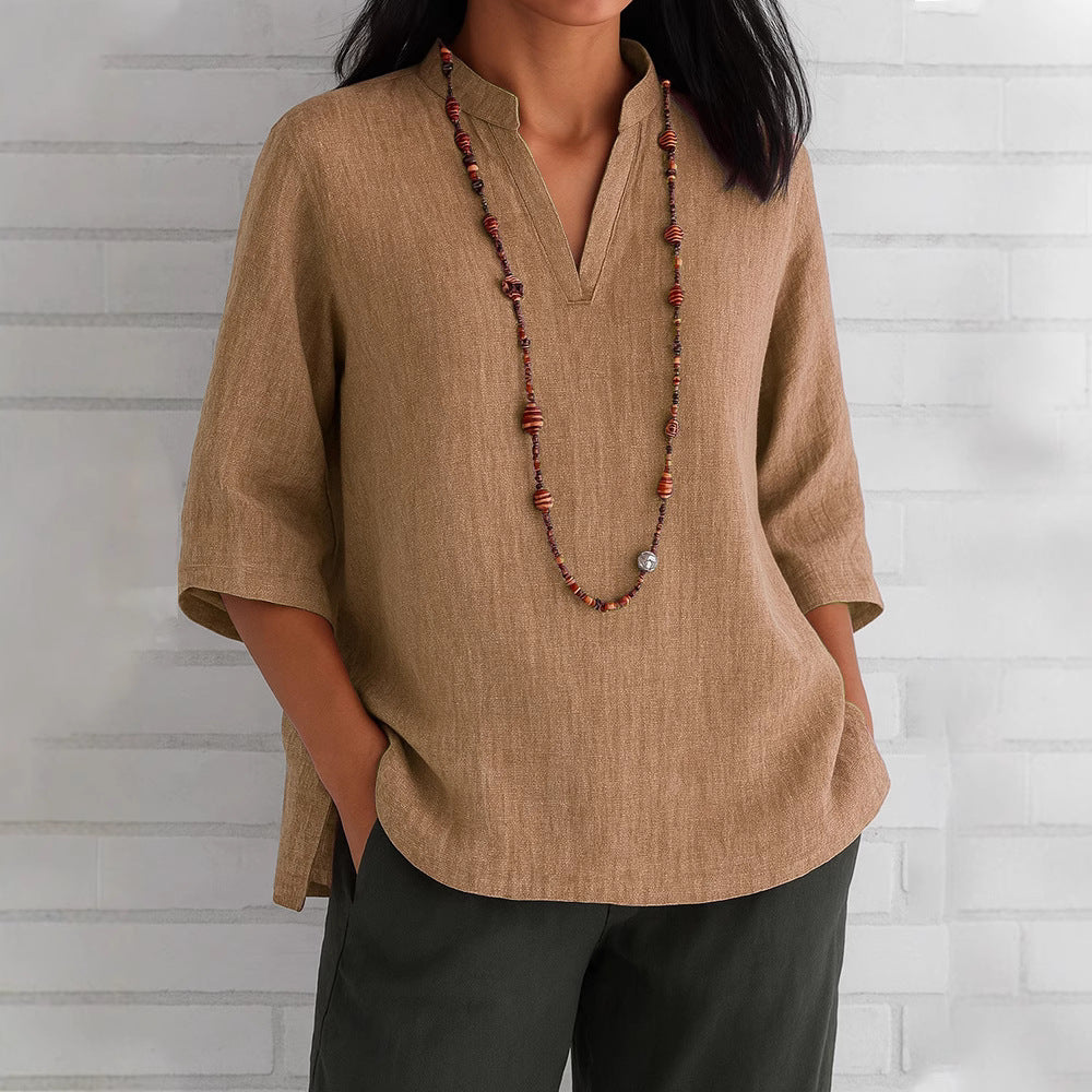 Casual V-Neck Blouse with Side Pockets
