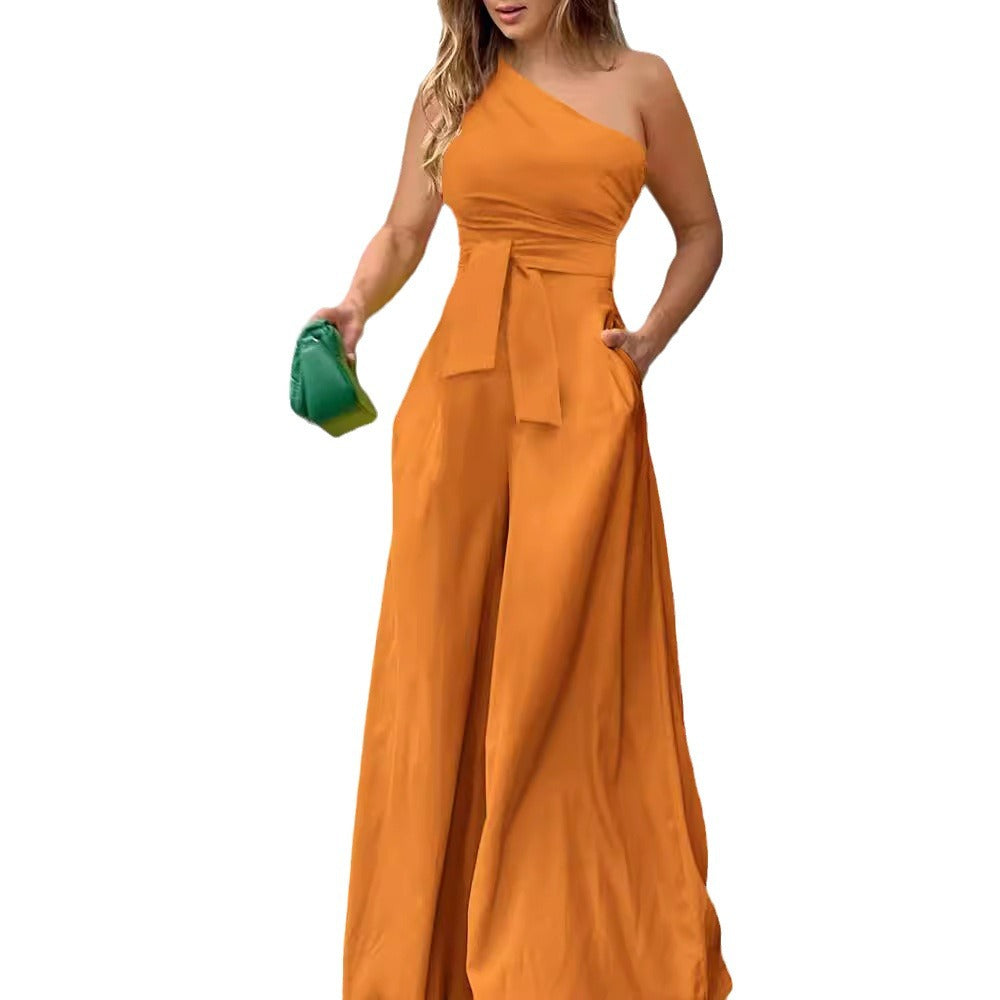 Elegant One-Shoulder Jumpsuit with Wide Leg and Waist Belt