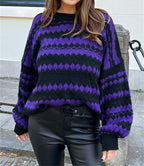 Women's Cozy Knit Sweater with Cable Knit Pattern and Graphic Accents