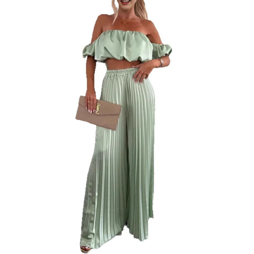 Women's Elegant Set with Flowy Top and Pleated Trousers