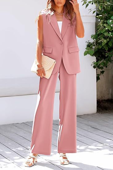 Women's Sleeveless Blazer Set with Wide-Leg Trousers
