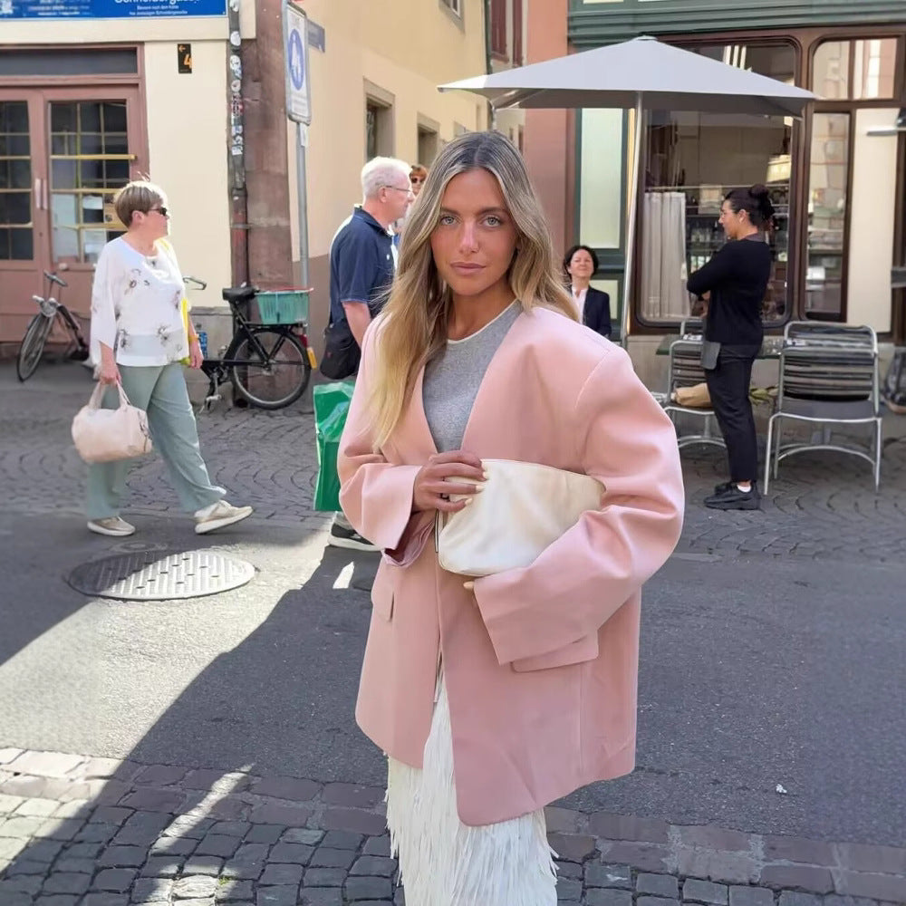 Elegant Oversized V-Neck Blazer with Pockets