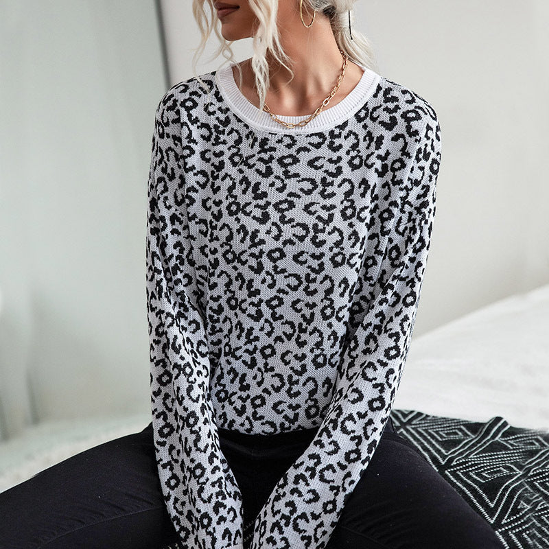Women's Patterned Knit Sweater with Leopard Print