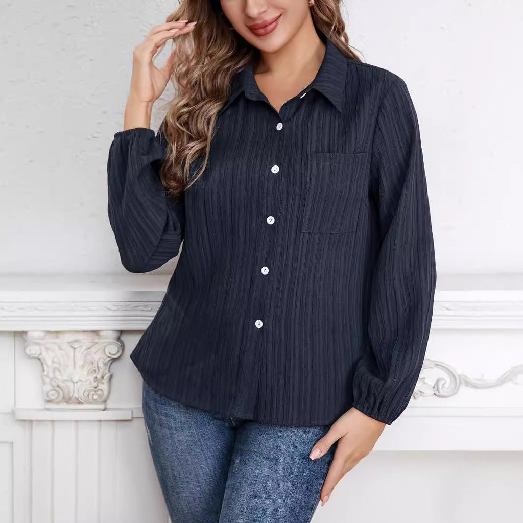 Women's Long-Sleeve Blouse with Fine Ribbed Texture and Classic Shirt Collar