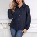 Women's Long-Sleeve Blouse with Fine Ribbed Texture and Classic Shirt Collar