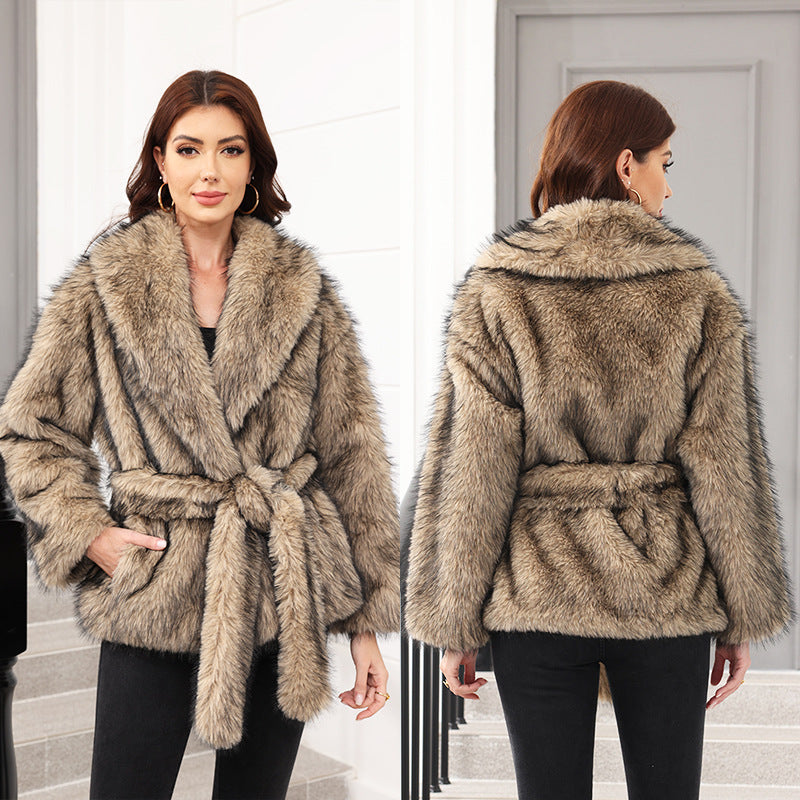 Women's Elegant Faux Fur Coat with Belt and Wide Lapel