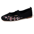 Women's Ballet Flats with Floral Embroidery and Elastic Strap