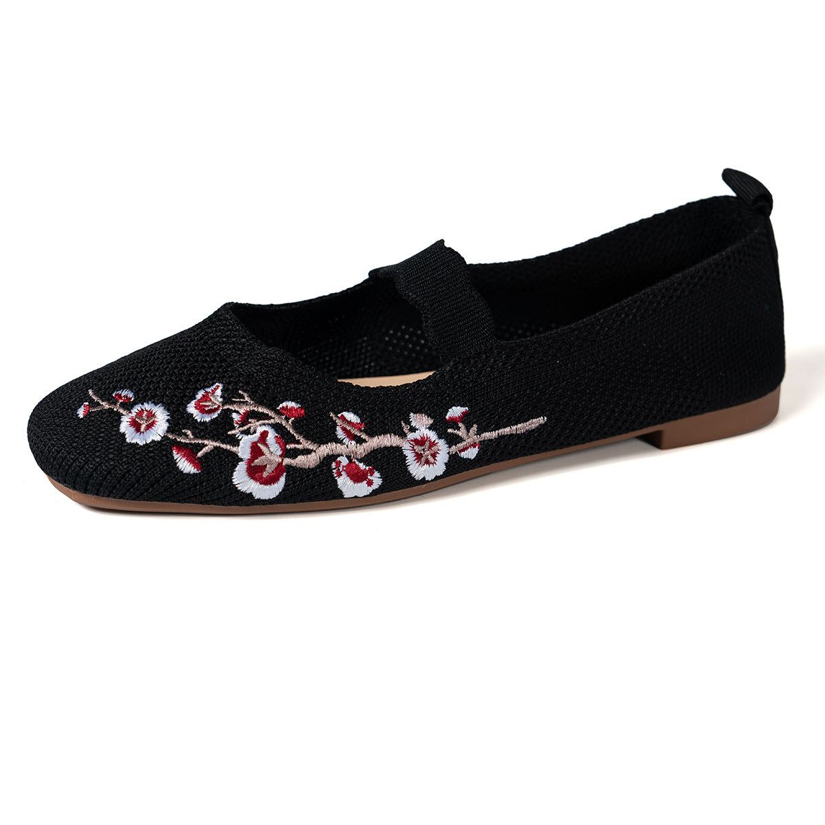 Women's Ballet Flats with Floral Embroidery and Elastic Strap