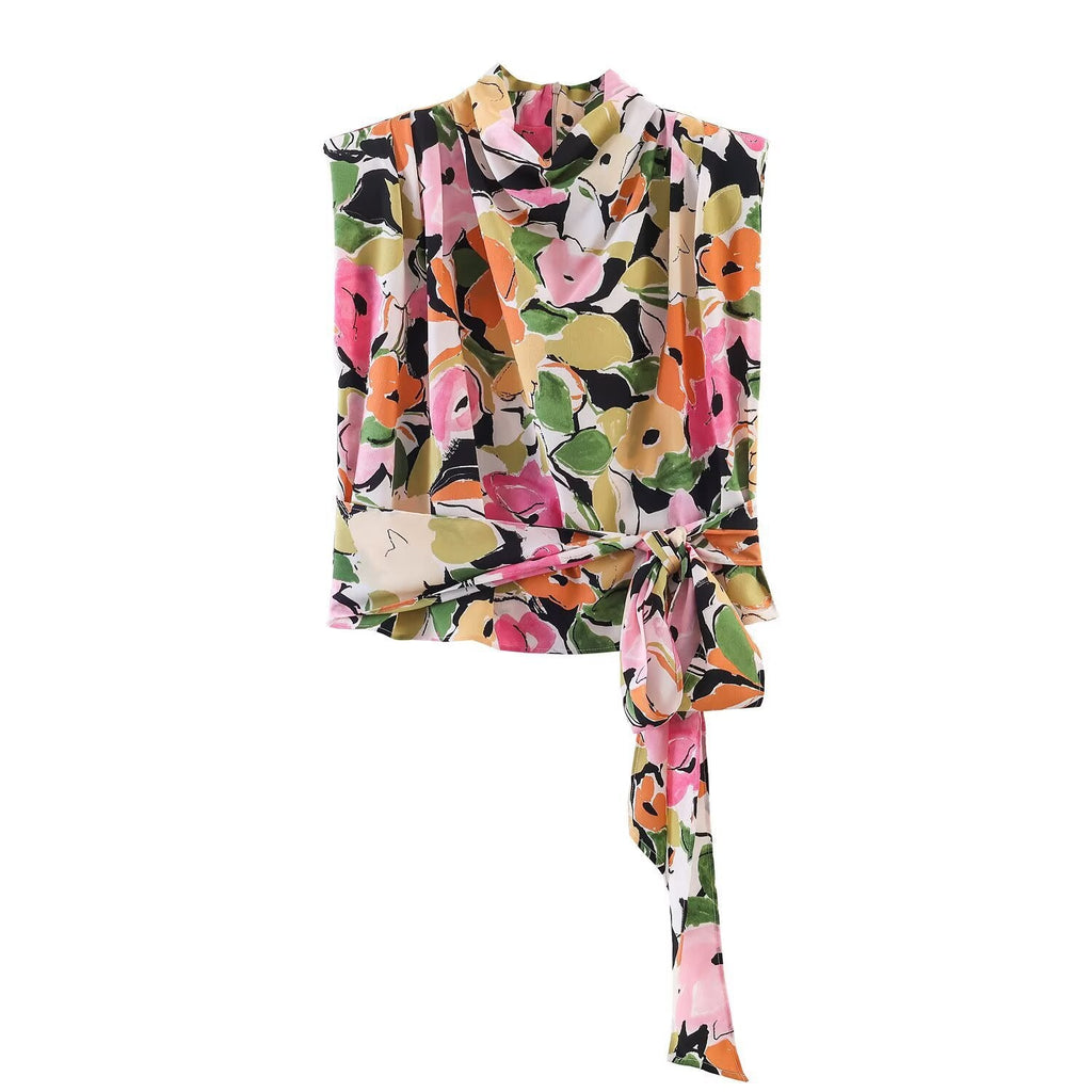 Women's Floral Blouse with Elegant Knot Detail