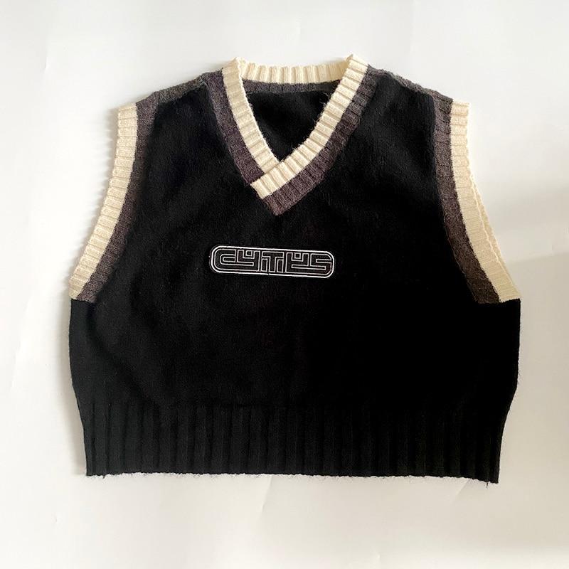 Women's Sleeveless V-Neck Knit Top with Contrast Stripes