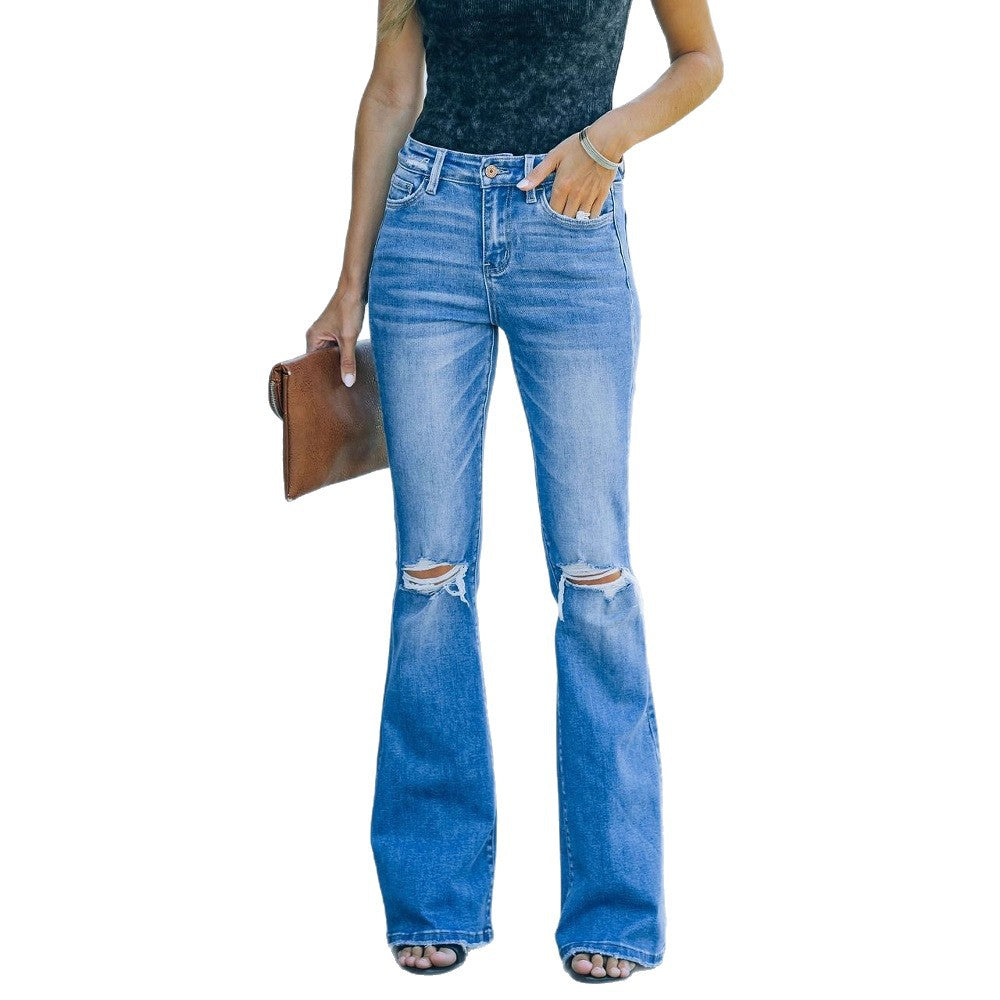 Women's Flared Jeans with Distressed Details and High Waist