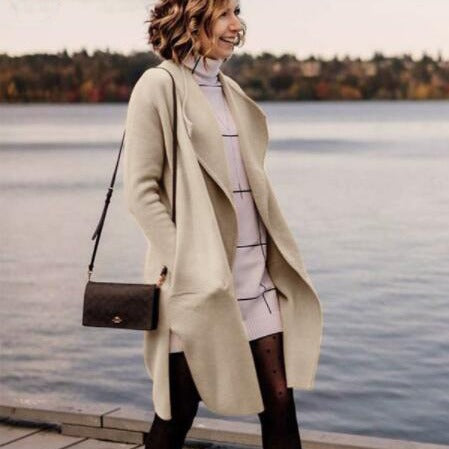 Women's Elegant Knit Coat with Open Collar and Fashionable Cut