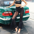 Women's Glittering Palazzo Pants with Sheer Panels