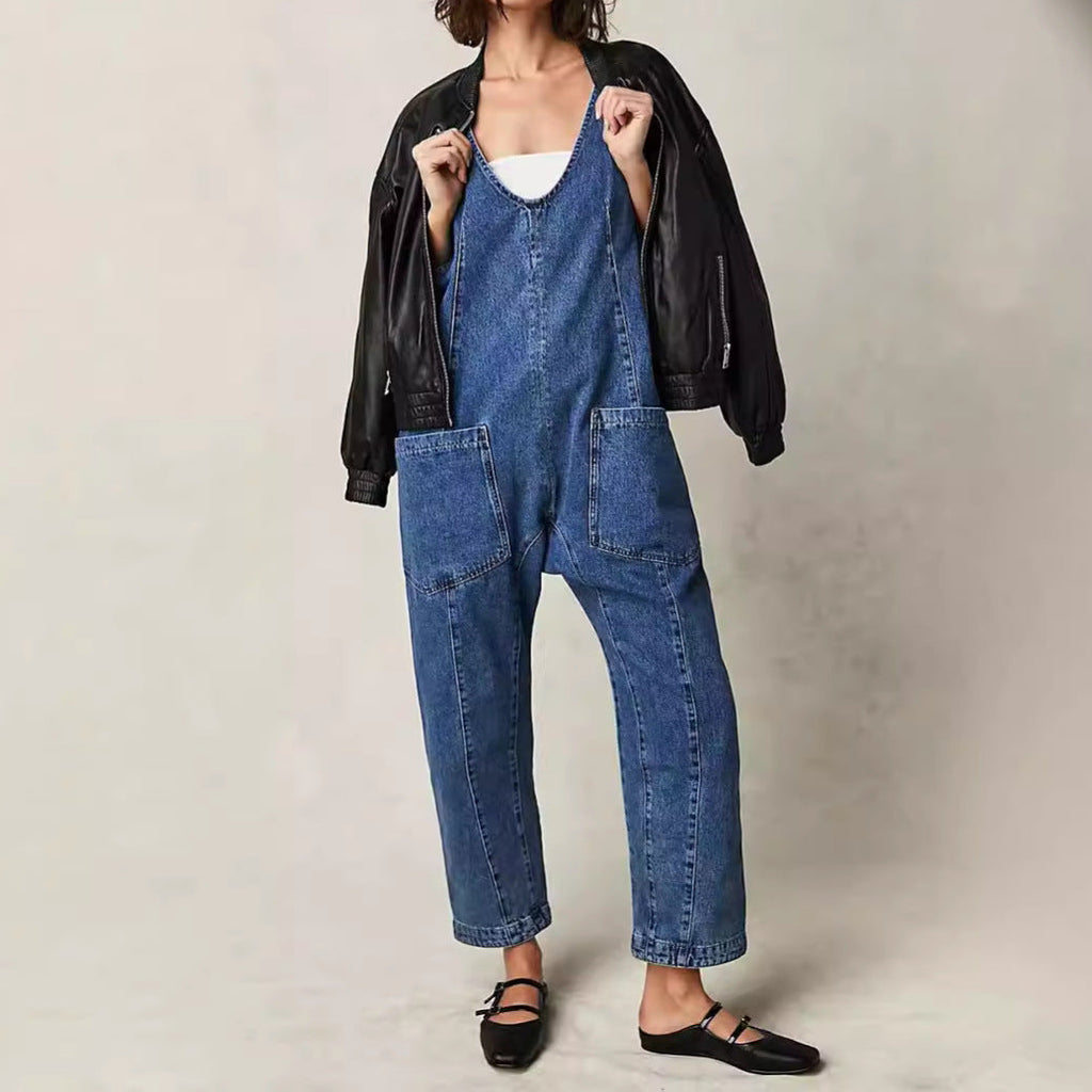 Women's Casual Denim Jumpsuit with Large Pockets