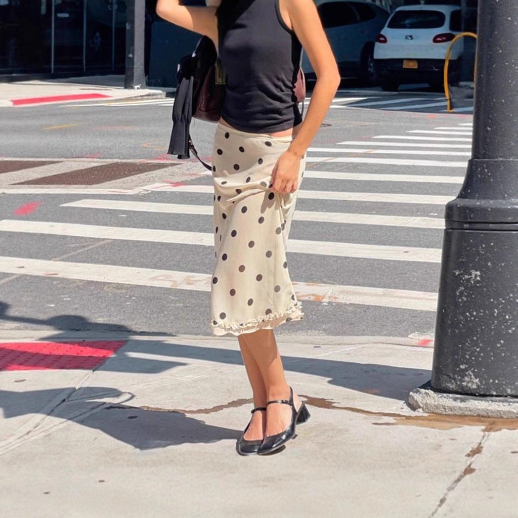 Women's Polka Dot Pencil Skirt with Delicate Lace Trim