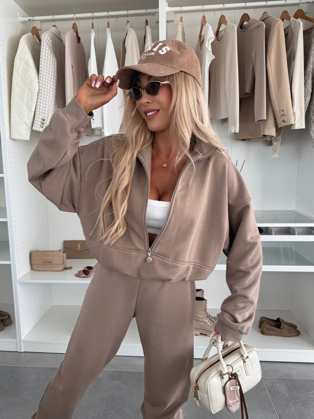 Women's Cozy Leisure Suit with High Neck and Patch Pockets