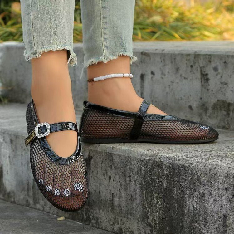 Women's Ballet Flats with Mesh Design and Chain Appliqué