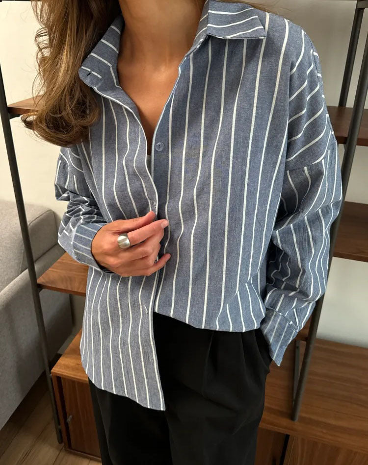 Casual Women's Cotton Blouse with Striped Design and Loose Fit
