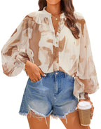 Women's Blouse with Artistic Print and Gathered Sleeves