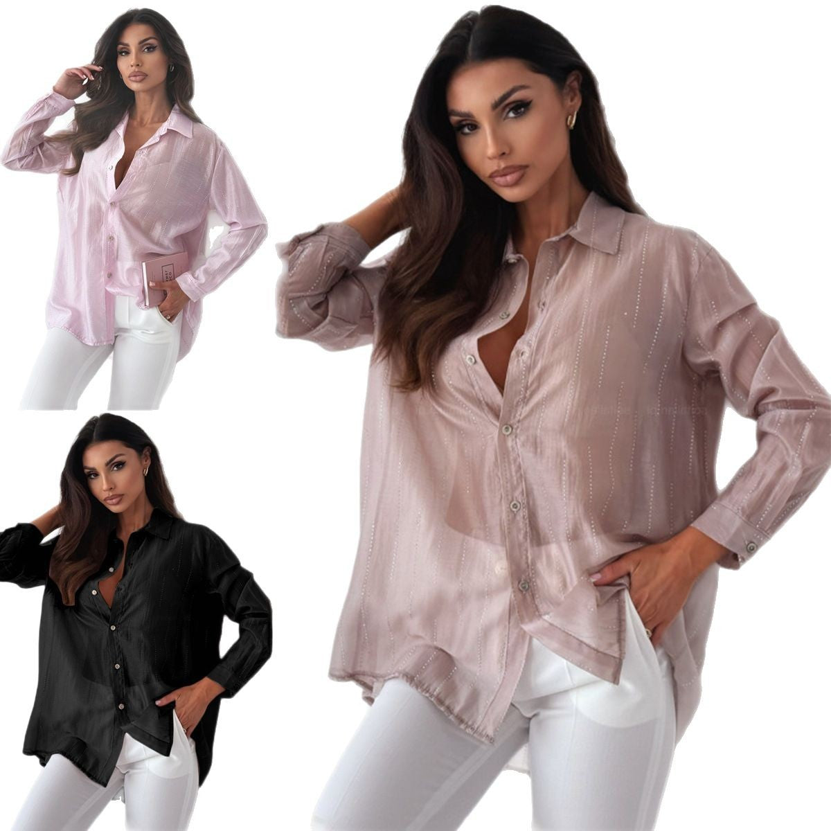 Women's Elegant Long-Sleeve Blouse with Fine Texture