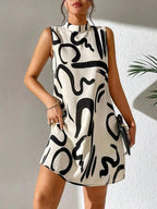 Women's A-Line Mini Dress with Modern Graphic Pattern and Stand-Up Collar