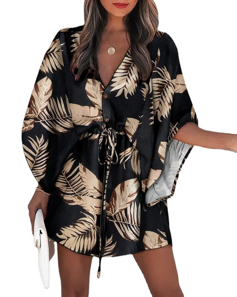 Women's Beach Dress with Elegant Waist Tie and Unique Pattern