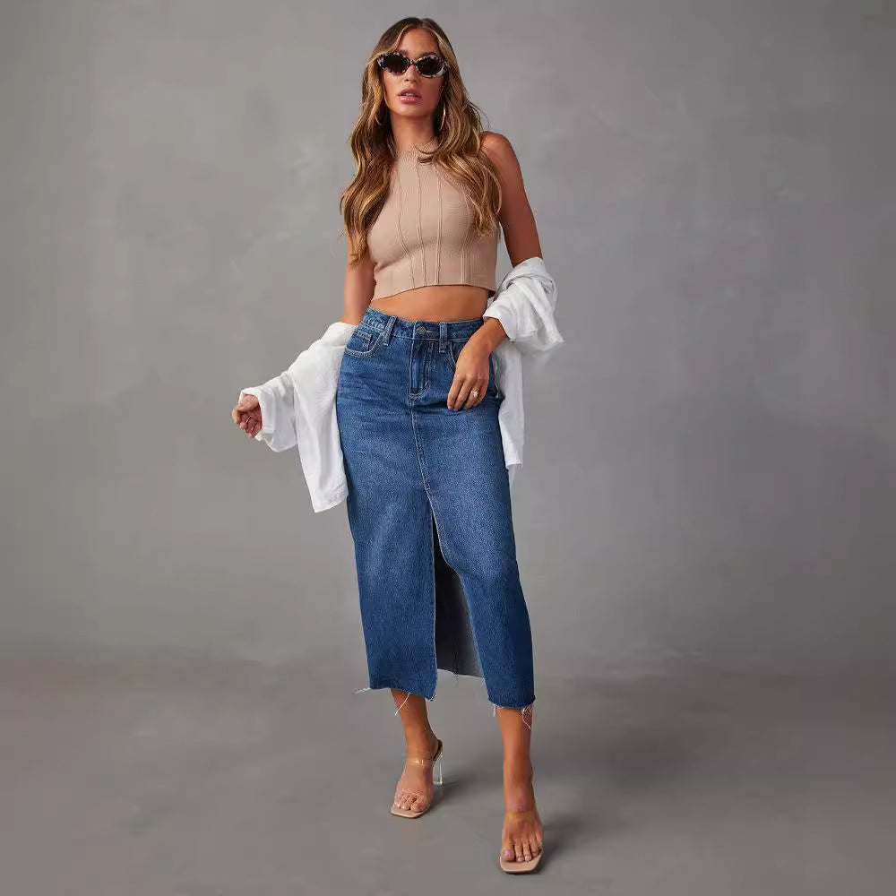 Women's Denim Skirt with Slit and Casual Cut