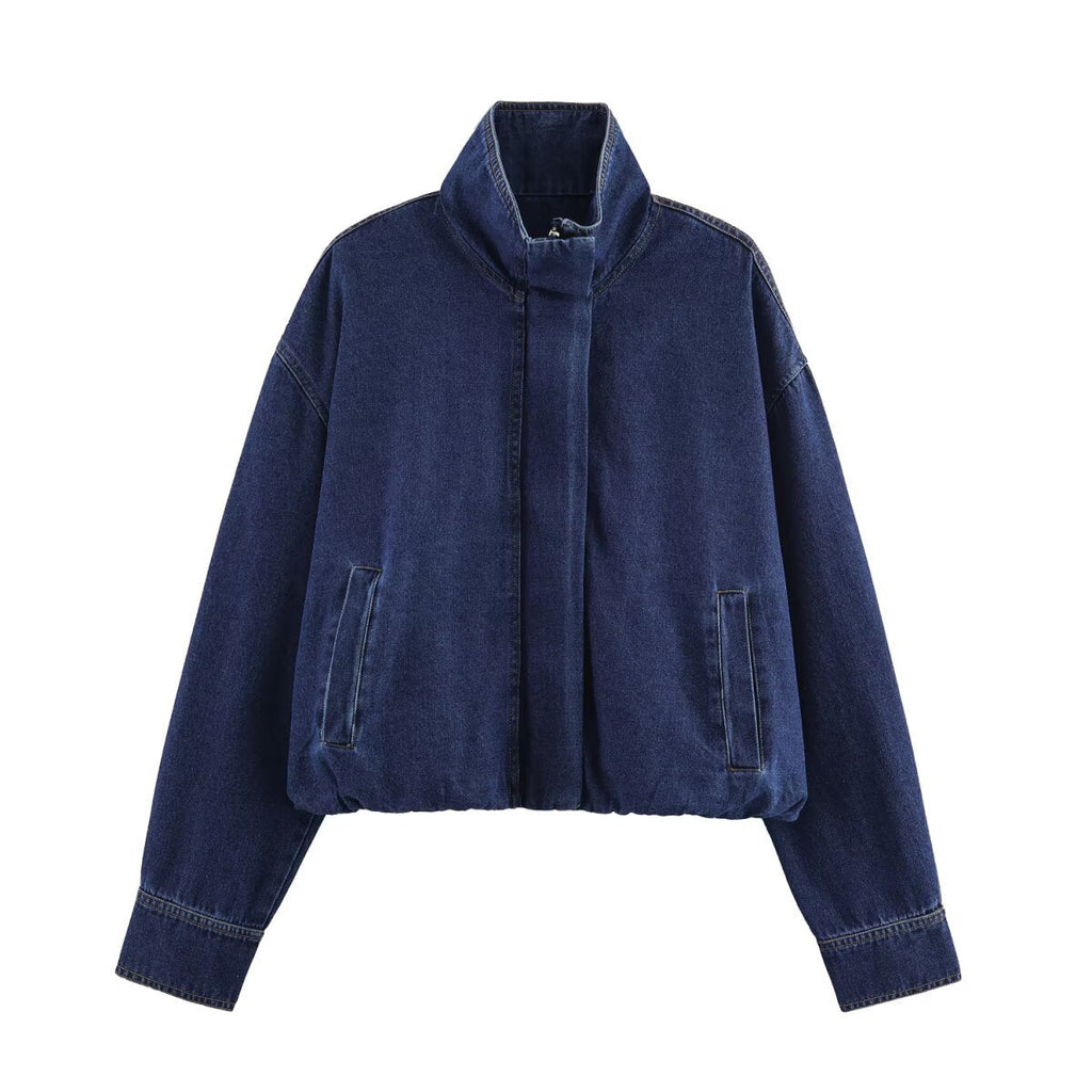 Women's Cropped Denim Jacket with High Collar