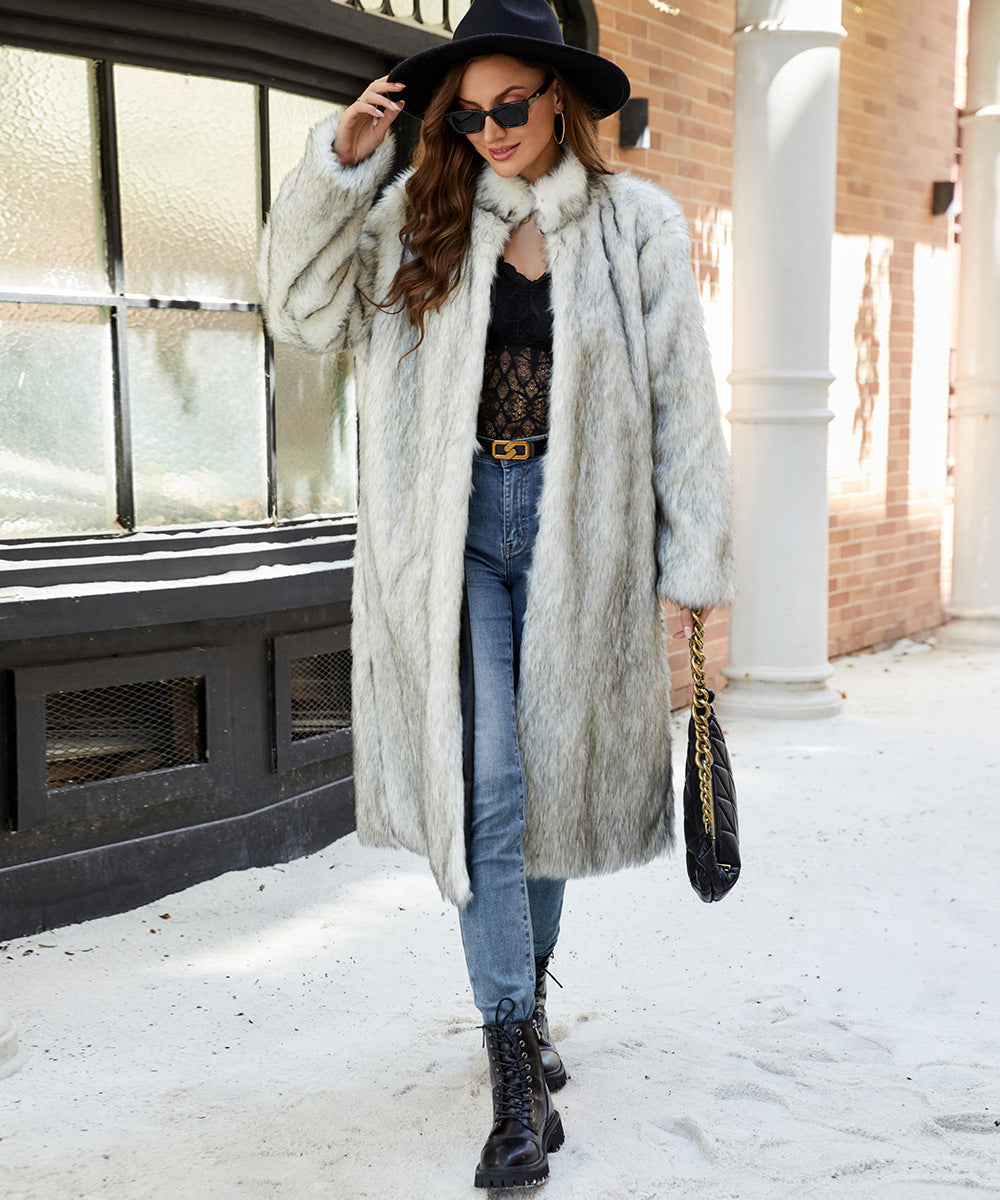 Women's Long Faux Fur Coat with Stand-Up Collar and Pockets