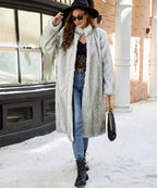 Women's Long Faux Fur Coat with Stand-Up Collar and Pockets