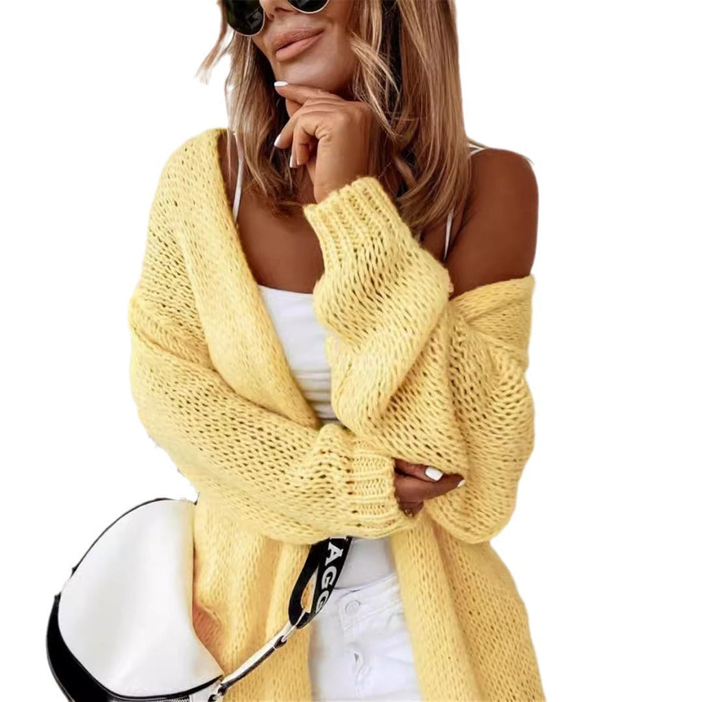 Women's Chunky Knit Cardigan with Voluminous Sleeves and Open Front