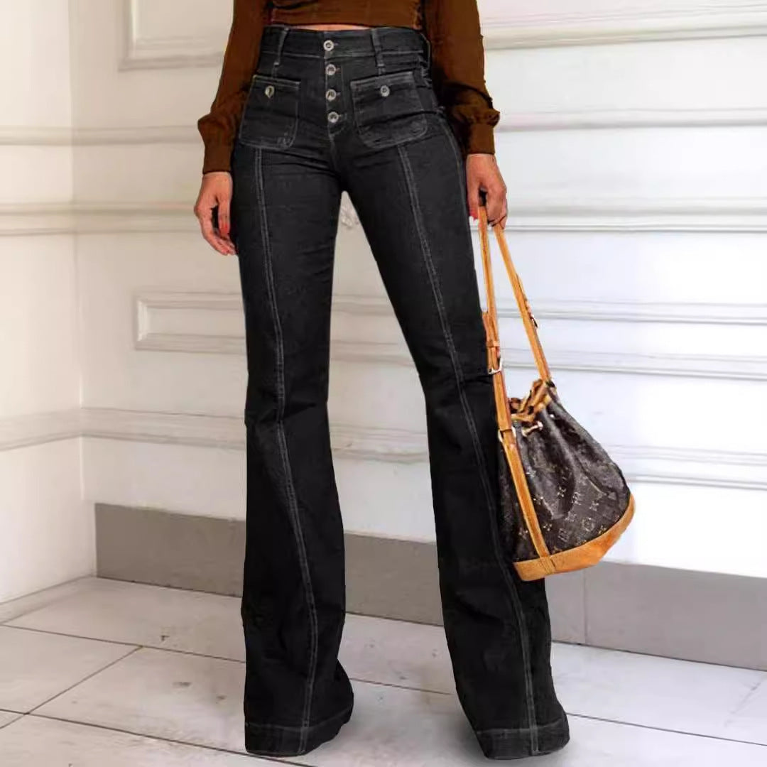 Women's High-Waisted Flare Jeans with Vintage Details