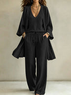 Women Casual Lounge Set with Kimono Cardigan, V-Neck Shirt and Wide Cord Pants