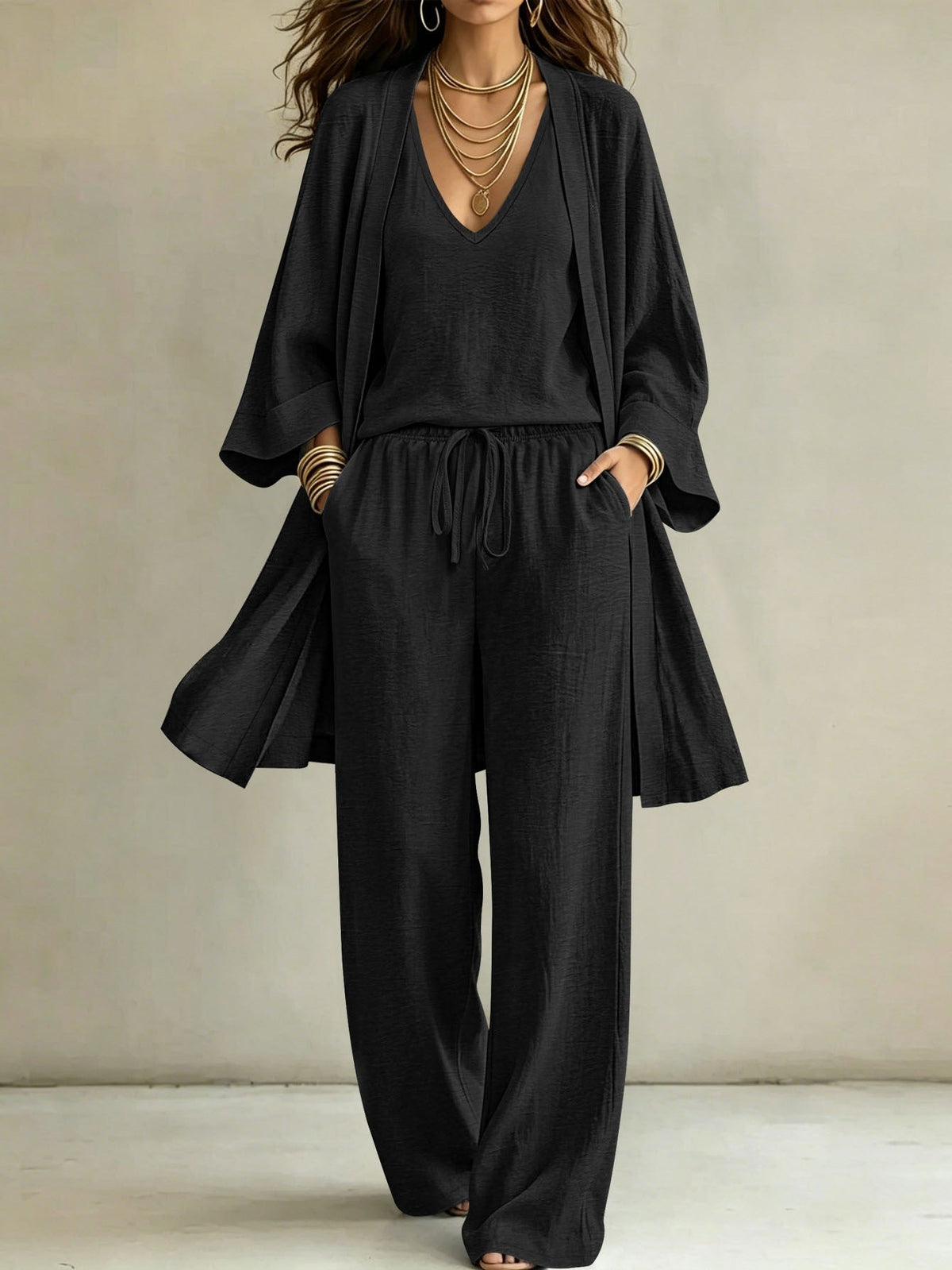 Women Casual Lounge Set with Kimono Cardigan, V-Neck Shirt and Wide Cord Pants