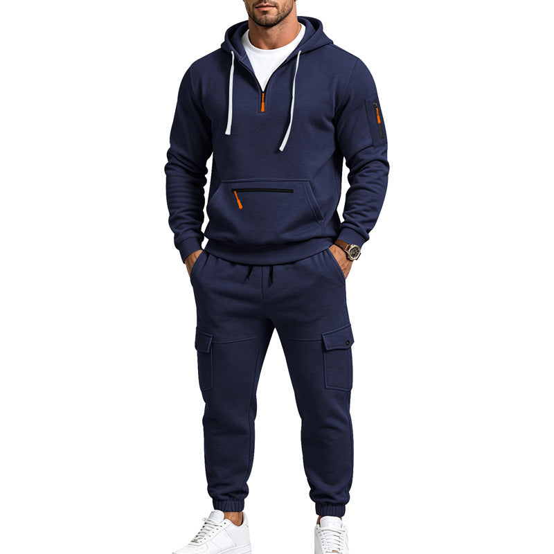 Men's Two-Piece Fleece Loungewear Set with Half-Zip Hoodie and Cargo Joggers